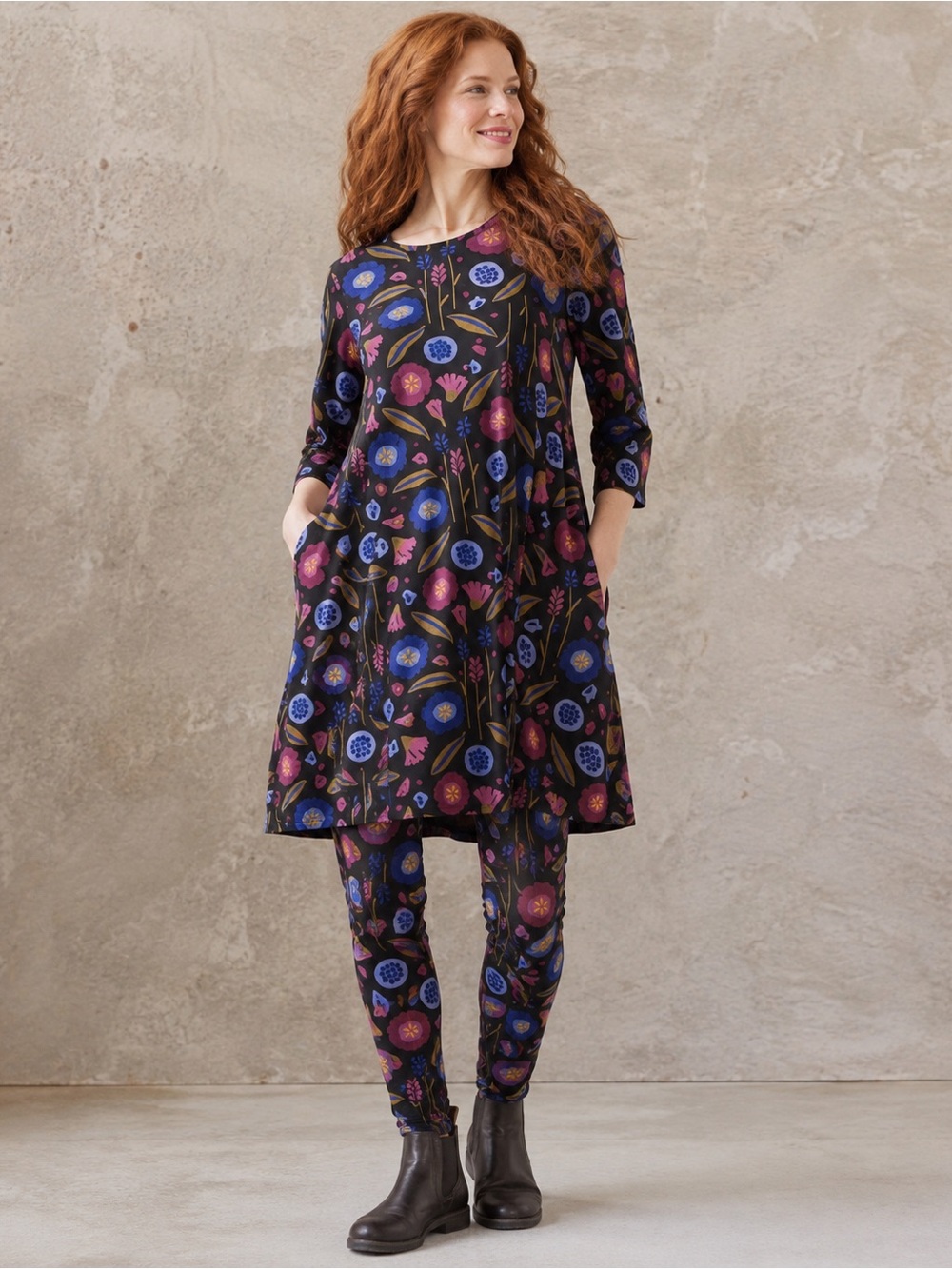 Gudrun Sjödén L Floral Lyocell A-Line Dress Black Blue Pink Pockets